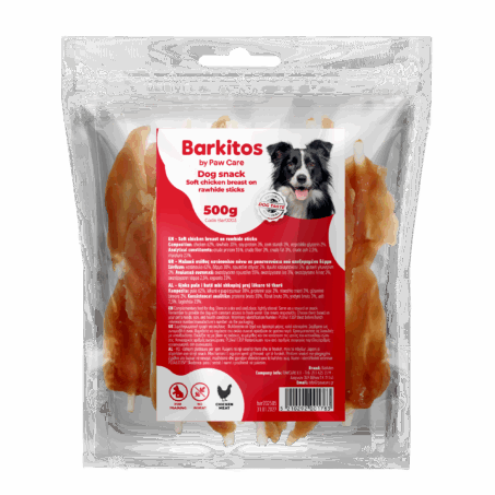 Barkitos dog snacks 500g soft chicken breast on rawhide sticks