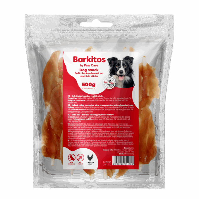 Barkitos dog snacks 500g soft chicken breast on rawhide sticks